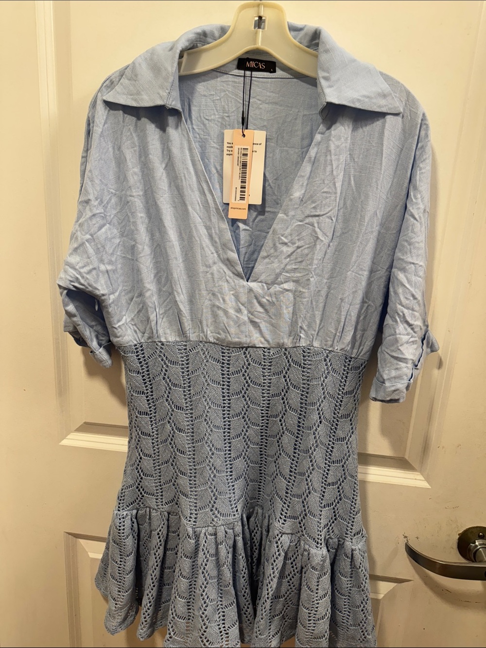 Light Blue Lace-Panel Collared Mini Dress - Picture 2 of 5